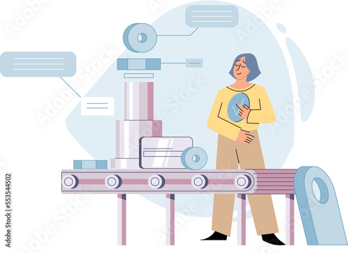 Manufacturing process at automated production industry. Man watching industrial conveyor with robot work. Technical and science innovation. Smart manufacture, automation, development concept