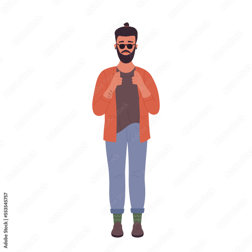 Hipster man showing hands gesture. Standing stylish boy with sunglasses vector illustration