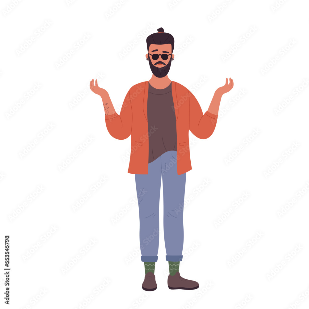 Perplexed hipster man with raised hands. Standing handsomne stylish boy vector illustration