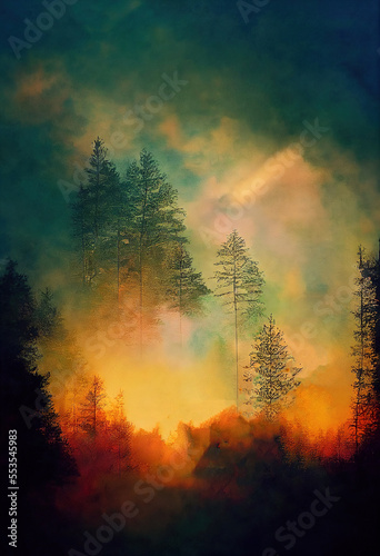 Watercolor spruce forest. Digital art.