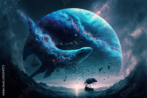 Whale in the sky  Abstract night fantasy landscape with an planet  an unreal world  a fish  Reflection of moon light  water  depths of the sea. 3D. Ai generated image.