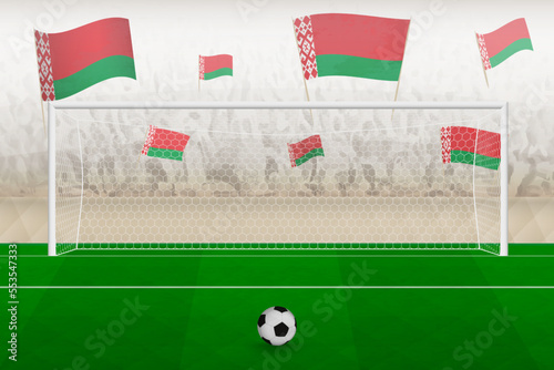 Belarus football team fans with flags of Belarus cheering on stadium  penalty kick concept in a soccer match.