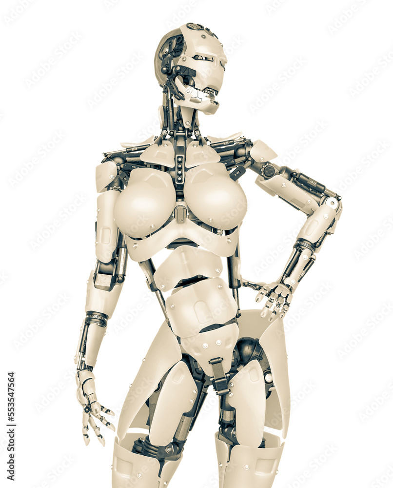 cyborg girl is doing a pin up pose on white background cyborg girl is doing a pin up pose on white background