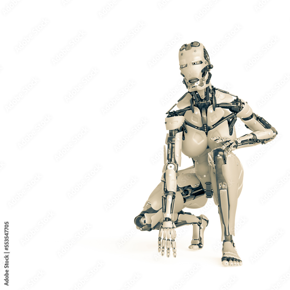 cyborg girl is crouching in action on white background with copy space