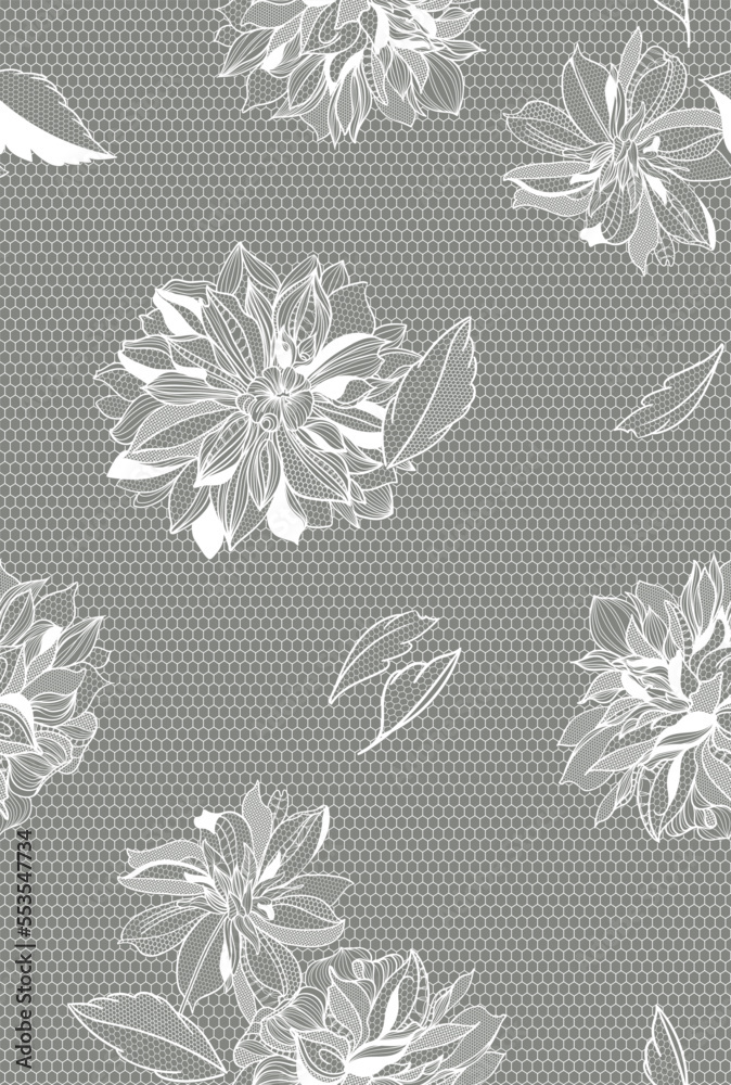 Obraz premium lace dahlias flowers and foliage. Vector seamless illustration, bouquet.