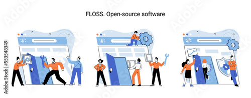 FLOSS open source software. Code of created program open available for viewing modification. Use of already created code to create new versions of programs to correct errors refinement of open program