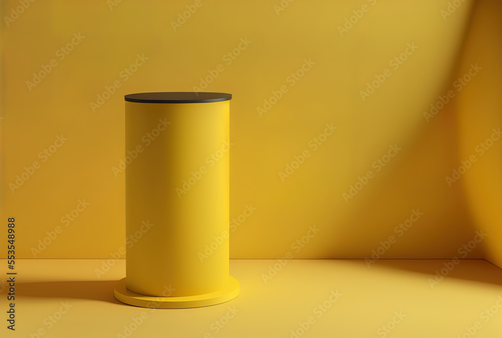 Yellow background with a simple yellow cylinder podium studio pedestal displaying an empty product platform. Generative AI Yellow background with a simple yellow cylinder podium studio pedestal displaying an empty product platform. Generative AI