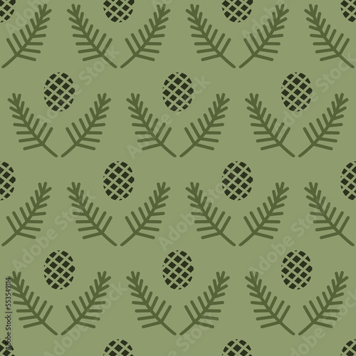 Seamless pattern with pine branches and cones. Coniferous design.