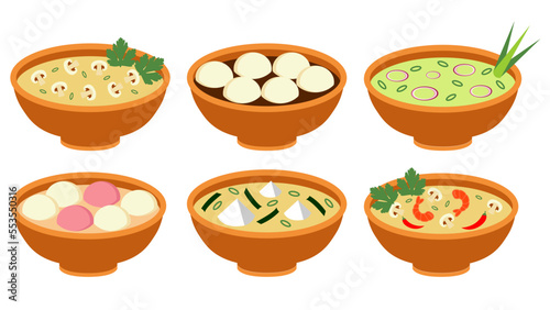 Set of bowl of soup - with Mushroom, Sweet rice ball, Onion, Shrimps, Miso Soup. Vector illustration.