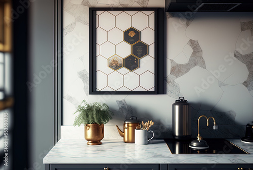 mock up of a poster frame in a kitchen's decor, complete with a hexagonal marble wall. Generative AI photo