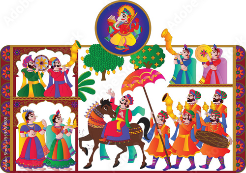 Hindi Marathi Calligraphy “ Shubh Vivah” means Happy Wedding. It’s a wedding Card design for Indians Hindus with a wedding procession lord Ganesha and the bride and groom's families.
