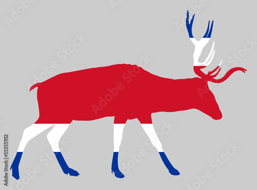 Costa Rica flag over deer animal national symbol vector silhouette illustration isolated on white background. Central America state emblem. Patriotic banner tourism travel invite. White tailed deer.