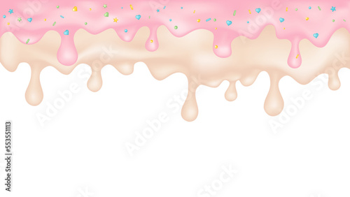 Dripping glaze background. Strawberry and vanilla liquid sweet flow. Vector illustration.