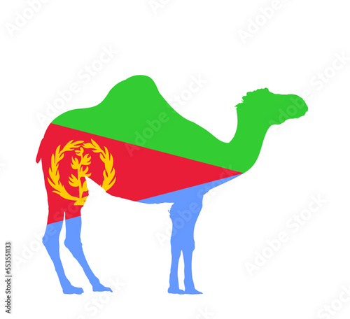 Patriotic Eritrea flag over camel nation animal vector silhouette illustration isolated on white background. Camel shape shadow  symbol of Eritrea. State in Africa continent. Safari tourism invite. 