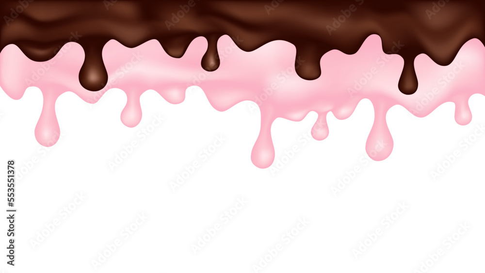 Dripping glaze background. Chocolate and strawberry liquid sweet flow. Vector illustration.