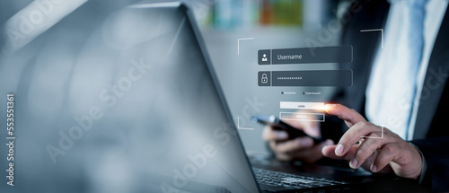 Foto user typing login and password, cyber security concept, data protection and secured internet access, cybersecurity