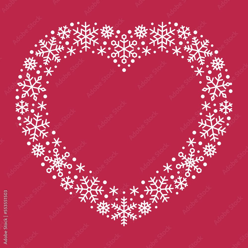 Heart frame made of white snowflakes on red background. Decorative element for Christmas and New Year design. Vector illustration Heart frame made of white snowflakes on red background. Decorative element for Christmas and New Year design. Vector illustration