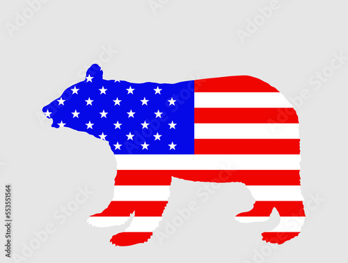United States of America flag over bear vector silhouette illustration isolated on white. Grizzly Patriot. Power and pride USA flag banner freedom. Wild powerful animal, strong economy national symbol