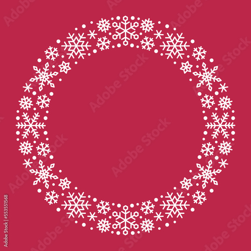 Round frame made of white snowflakes on red background. Decorative element for Christmas and New Year design. Vector illustration