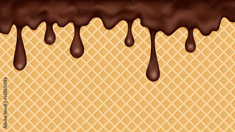 Chocolate ice cream melted on a waffle cone background. Chocolate ice cream melted on a waffle cone background.