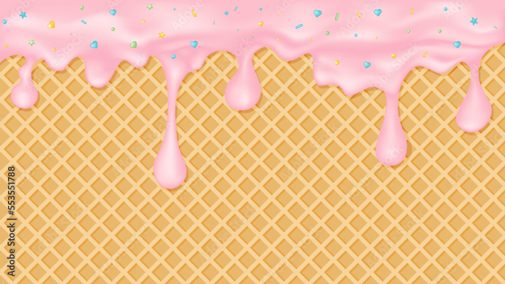Strawberry ice cream melted on a waffle cone background.