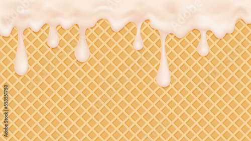 Vanilla ice cream melted on a waffle cone background.