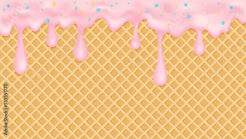 Strawberry ice cream melted on a waffle cone background.