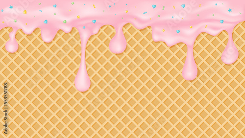 Strawberry ice cream melted on a waffle cone background.