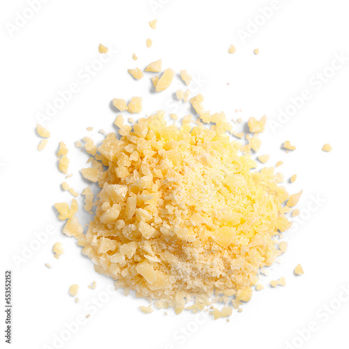 Grated Parmesan cheese (Parmigiano, Grana), pile of, top view isolated png photo