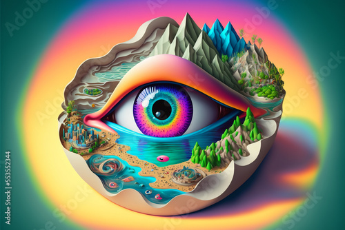 Colorful 3D Eye Diorama with the eye at the center of an island Generative AI