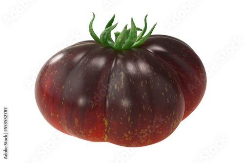 Ribbed antocyanin heirloom tomato isolated. Solanum lycopersicum fruit