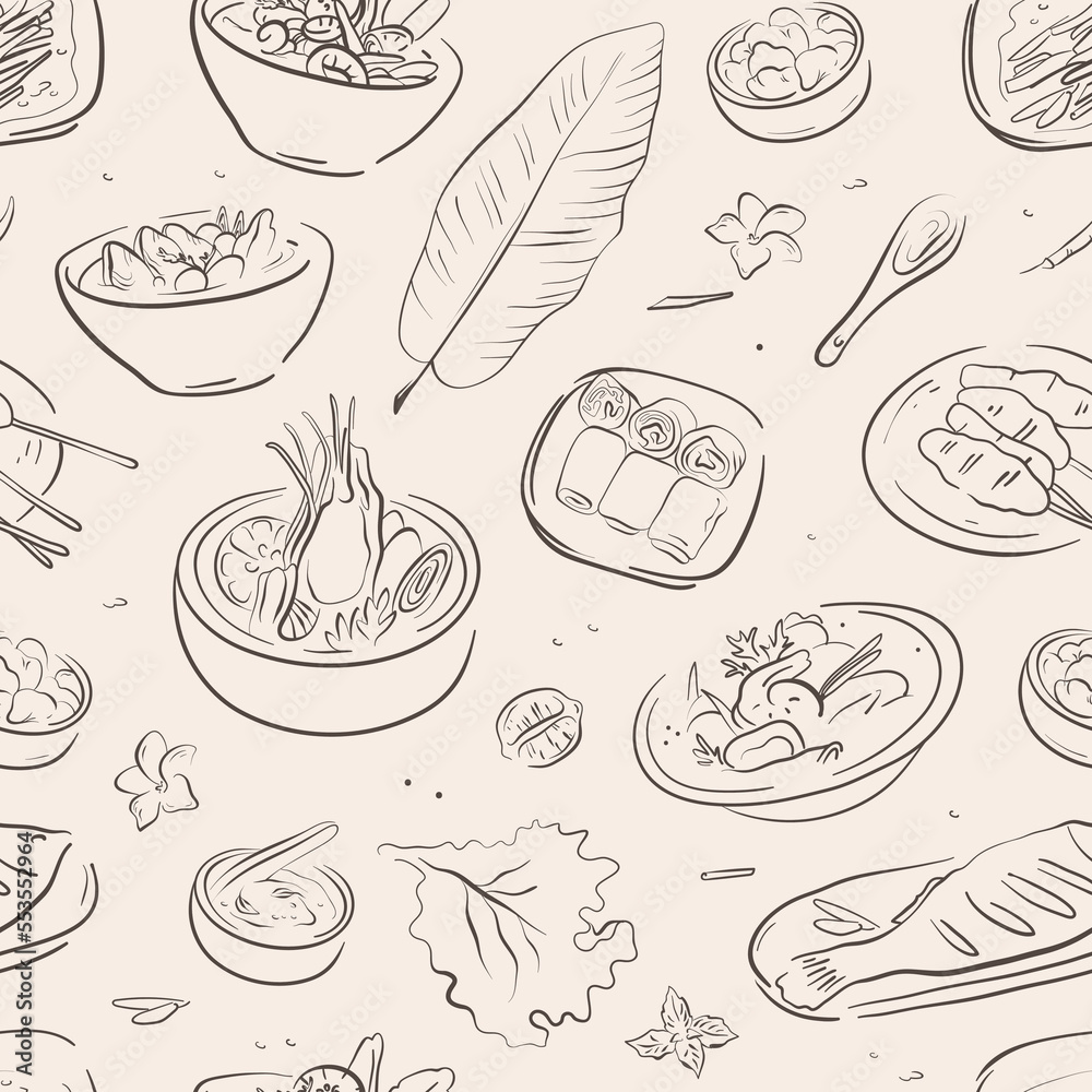 Seamless pattern with hand drawn asian food