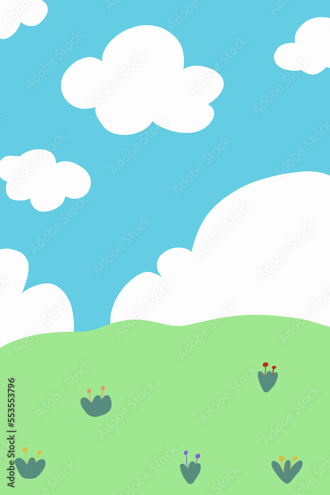 Sky with clouds, green grass and flowers on the grass.
