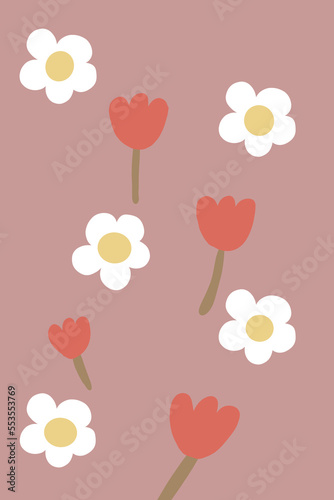 The red background is composed of white daisies and several red tulips. flowers together.