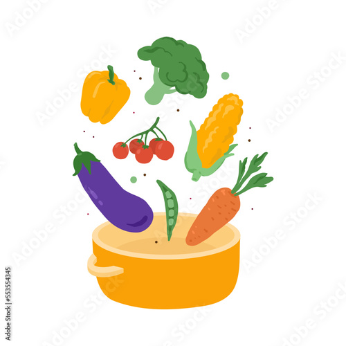 Hand drawn colorful vegetables and cooking pan, soup ingredients
