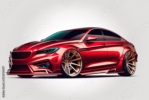 super fast sports vehicle body style sedan color red metallic on a white background. Generative AI