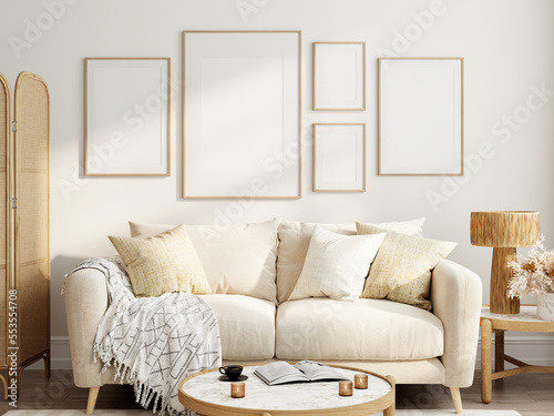 Fototapeta Naklejka Na Ścianę i Meble -  Gallery wall mockup in cozy living room interior, frame mockup, 3d render