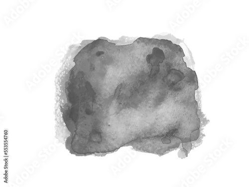 Gray watercolor spot on white. Hand drawn painted object. Grey stain. Watercolor art banner. Black and white illustration