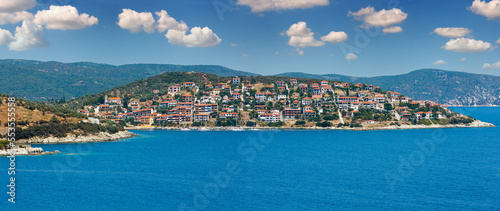 Summer Aegean sea and Pyrgadikia village coast view (Sithonia, Halkidiki, Greece).