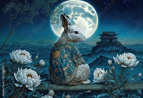 chinese jade rabbit overlooking a temple under the full moon, mid-autumn festiv Fototapet