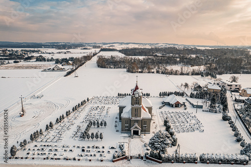 Obraz na płótnie wieś w Polsce na Śląsku zimą, panorama z lotu ptaka, Olza w gminie Gorzyce w salonie