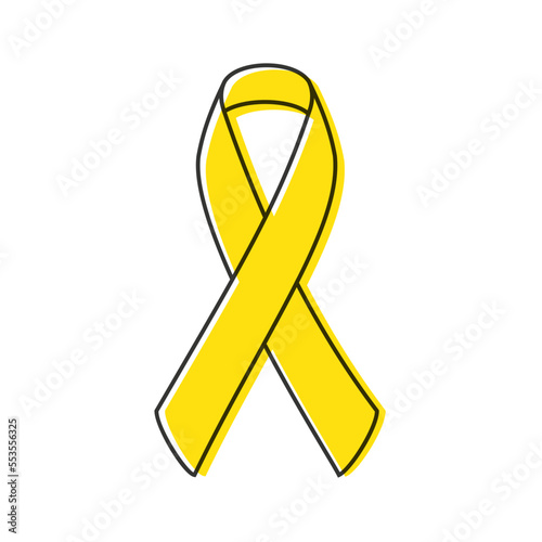 Awareness ribbon. Black outline. Yellow color. Vector illustration, flat design