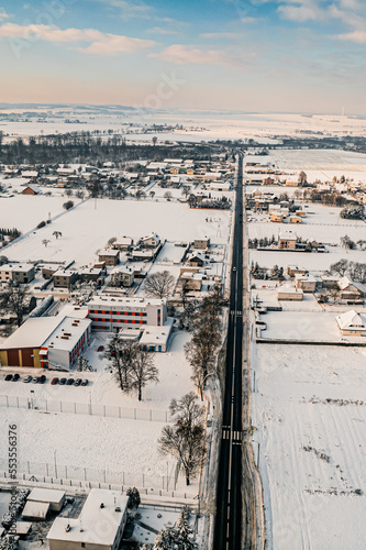 Obraz na płótnie wieś w Polsce na Śląsku zimą, panorama z lotu ptaka, Olza w gminie Gorzyce w salonie