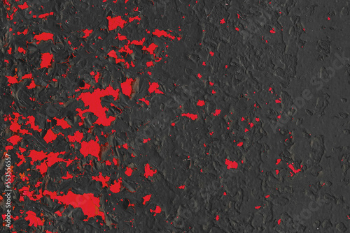 Black painted dark metal surface with old red blood color peeling paint pattern wall texture grunge design background