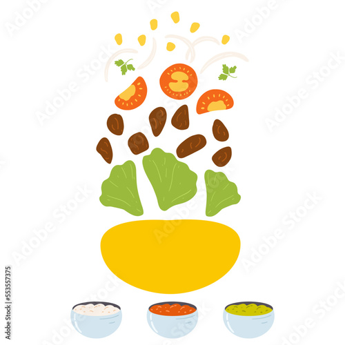 Fototapeta Naklejka Na Ścianę i Meble -  Ingredients for taco in cartoon flat style. Vector illustration of traditional Mexican food, Latin American cuisine with fresh vegetables, meat and corn tortilla