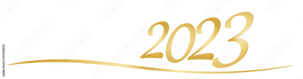 Banner mit Jahreszahl 2023 in Gold auf weißem Hintergrund. Stock Vector