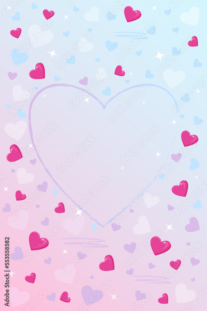 Greeting card in pink and blue tones, with a heart in the center for the text. Background of small hearts, sparks of stars. For the covers of notebooks, notebooks, Valentine's Day greeting cards