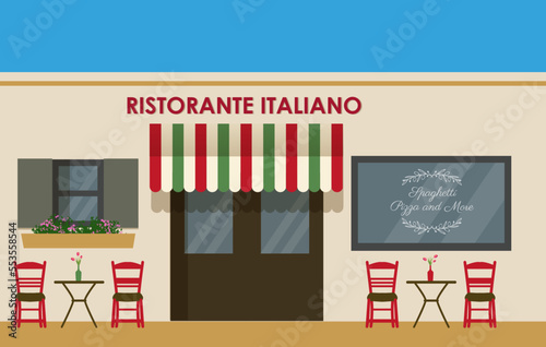 Fototapeta Naklejka Na Ścianę i Meble -  Typical Italian restaurant with plants and Mediterranean decorative and architectural elements. Multicolored awning flag of Italy. Rustic chairs and tables.