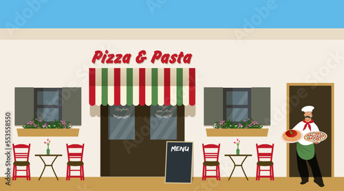 Typical Italian restaurant with plants and Mediterranean decorative and architectural elements. Multicolored awning flag of Italy. Mustachioed chef holding plates of pizza and spaghetti.