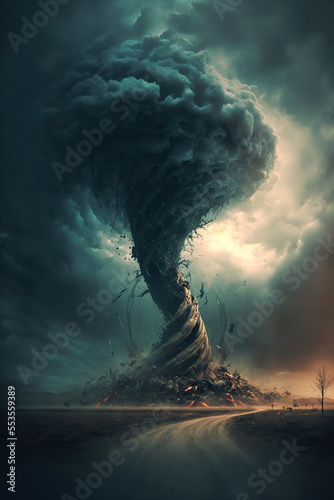 Tornado. Digital art. Massive tornado  cyclone on land with huge clouds. Thunderstorm  post apocalyptic feeling. Art landscape of natural disaster. Fantasy wallpaper
